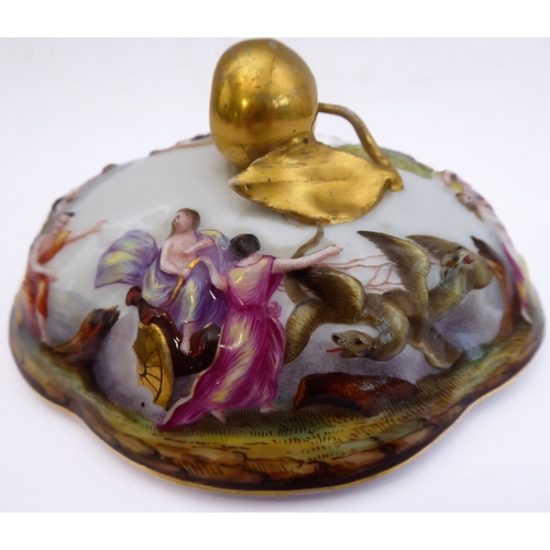 50A - A late 19th century quatrefoil-shaped, continental porcelain box and cover in Capo di Monte style: h... 