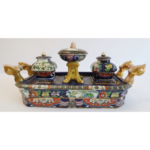 29 - A 19th century Mason's Patent Ironstone china two-handled inkstand: of boat-form and of impressive  ... 