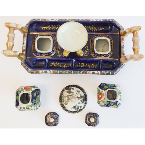 29 - A 19th century Mason's Patent Ironstone china two-handled inkstand: of boat-form and of impressive  ... 