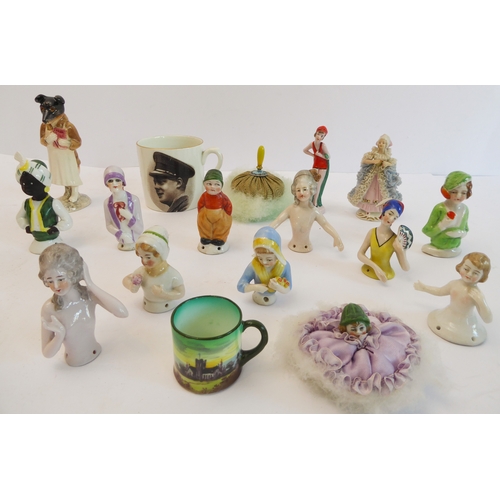 33 - An assortment of ceramics to include:
 ten Art Deco period and other porcelain pincushion half-dolls... 