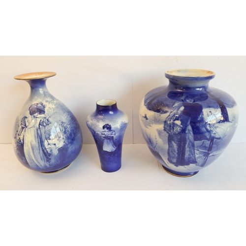 37 - A Royal Doulton group of three late 19th and early 20th century blue and white vases, each with prin... 