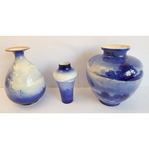 37 - A Royal Doulton group of three late 19th and early 20th century blue and white vases, each with prin... 