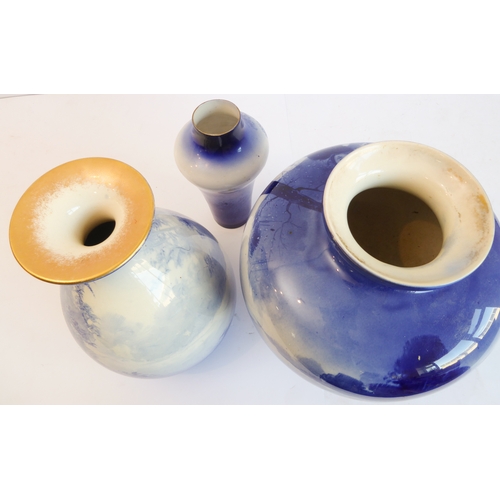 37 - A Royal Doulton group of three late 19th and early 20th century blue and white vases, each with prin... 