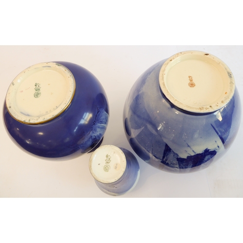 37 - A Royal Doulton group of three late 19th and early 20th century blue and white vases, each with prin... 
