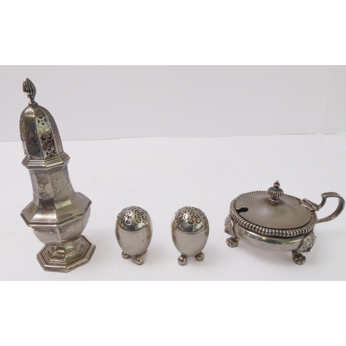 181 - A mixed silver lot to include a heavy hallmarked-silver mustard raised on three lion mask and paw mo... 