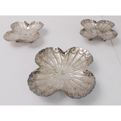 197 - A 19th century hallmarked-silver bonbon dish set: one larger and one smaller quatrefoil-shaped and e... 