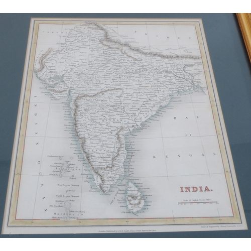 526 - Seven mostly 19th century hand-coloured antiquarian map engravings to include India, bird's-eye view... 
