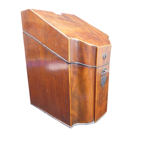 401 - An 18th century serpentine-fronted mahogany and boxwood strung knife box with original interior: the... 