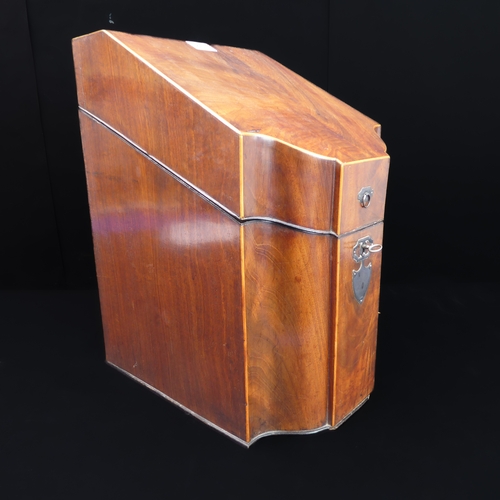401 - An 18th century serpentine-fronted mahogany and boxwood strung knife box with original interior: the... 