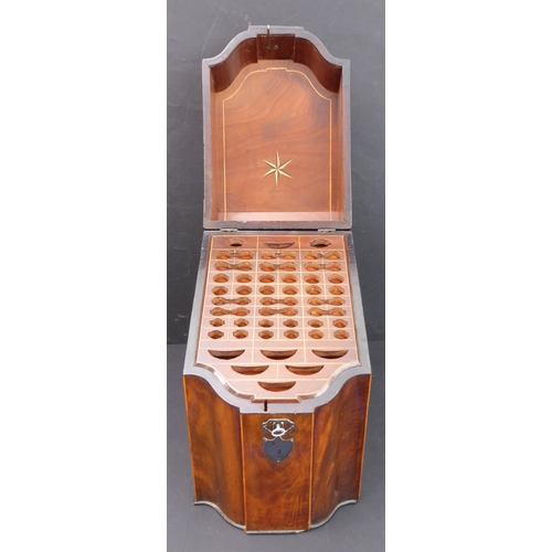 401 - An 18th century serpentine-fronted mahogany and boxwood strung knife box with original interior: the... 