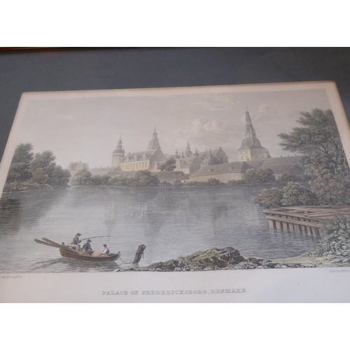 506 - A good selection of gilt framed and glazed hand-coloured 19th century engravings including topograph... 