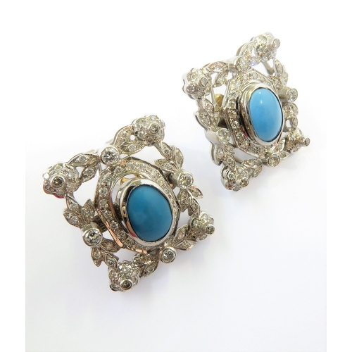 130 - A pair of 18-carat gold, diamond and turquoise earrings (can also be worn as studs)