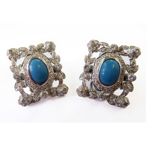 130 - A pair of 18-carat gold, diamond and turquoise earrings (can also be worn as studs)