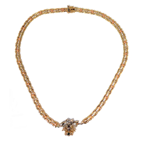 165 - a 14-carat yellow gold (marked '585', Italy) openwork neck chain with an integral flowerhead style p... 