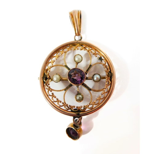 171 - A Victorian 9-carat gold, amethyst and pearl pendant