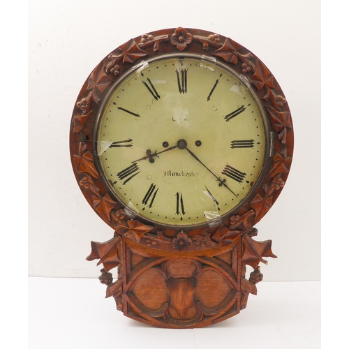 200 - An unusual 19th century drop-dial, oak-cased eight day wall clock: the cream dial with italic style ... 