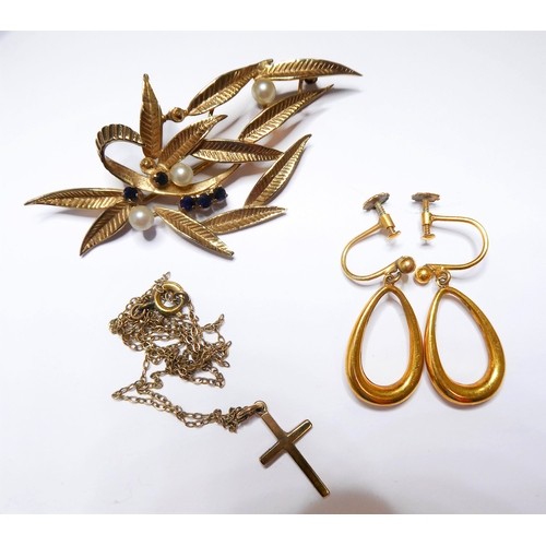 137 - A 9-carat yellow gold, cultured pearl and sapphire foliate spray brooch (two cultured pearls deficie... 