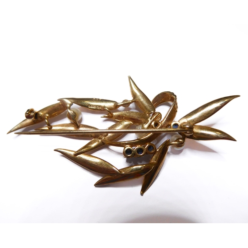 137 - A 9-carat yellow gold, cultured pearl and sapphire foliate spray brooch (two cultured pearls deficie... 