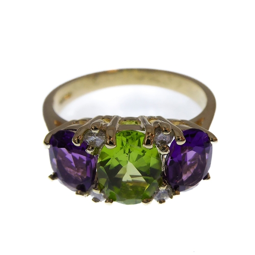 147 - A 9-carat gold suffragette style ring set with amethysts, peridots and diamonds