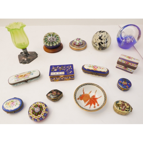 238 - A mixed lot comprising:
 4 modern paperweights;
 4 cloisonné enamel bijouterie boxes;
 two fine Fren... 