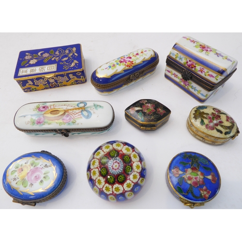 238 - A mixed lot comprising:
 4 modern paperweights;
 4 cloisonné enamel bijouterie boxes;
 two fine Fren... 