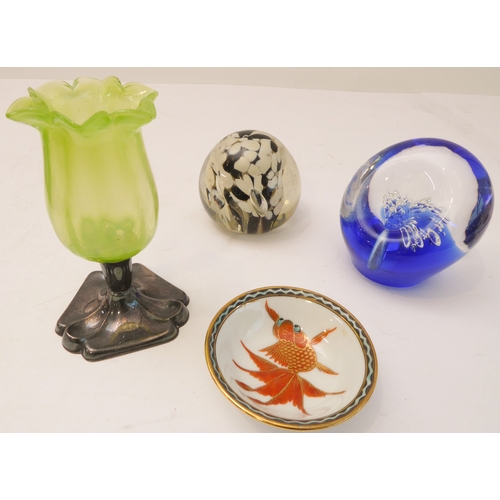 238 - A mixed lot comprising:
 4 modern paperweights;
 4 cloisonné enamel bijouterie boxes;
 two fine Fren... 