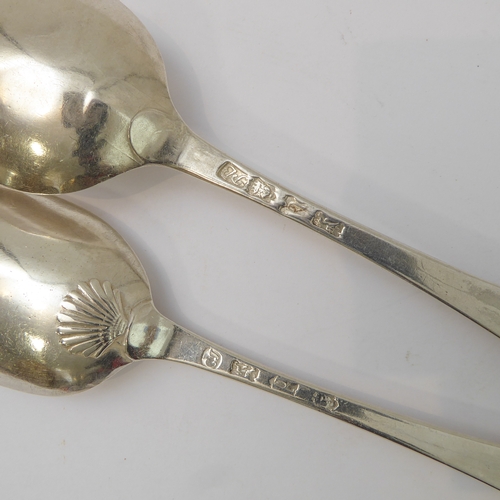 122 - Two similar mid-18th century hallmarked silver tablespoons, one with engraved lettering, London assa... 
