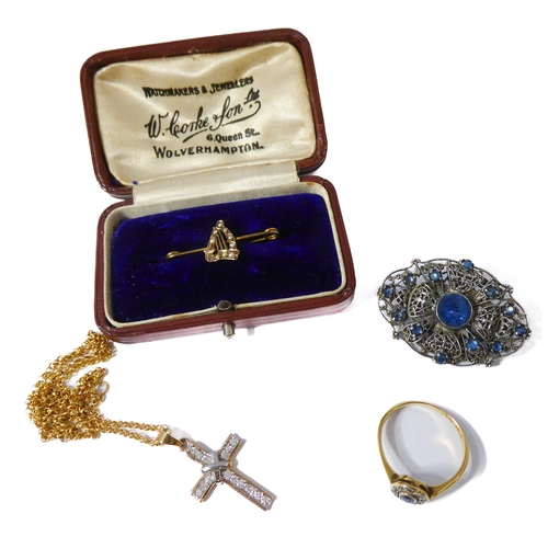 159 - A sapphire and diamond-set oval cluster ring, the tapering shank stamped 'PLAT 18CT', ring size Q (2... 