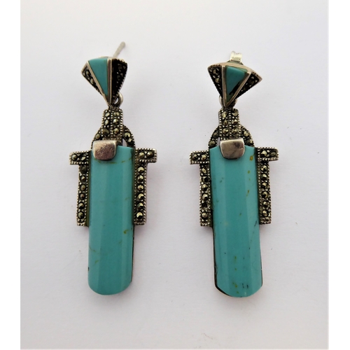 282 - A pair of turquoise, silver and marcasite-mounted earrings in high Art Deco style (4.5cm)