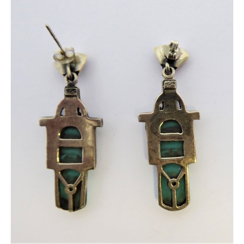 282 - A pair of turquoise, silver and marcasite-mounted earrings in high Art Deco style (4.5cm)