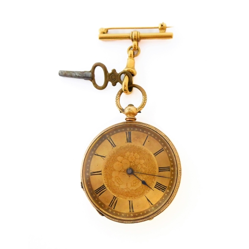 284 - A Swiss gold-cased key-wind open-faced pocket watch: the circular dial with black Roman numerals and... 