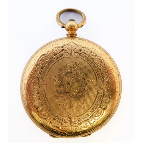 284 - A Swiss gold-cased key-wind open-faced pocket watch: the circular dial with black Roman numerals and... 