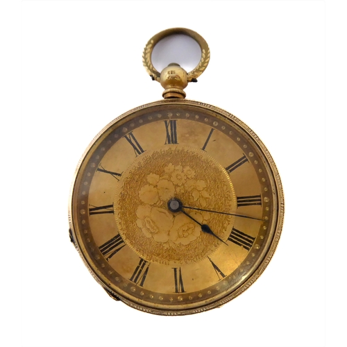 284 - A Swiss gold-cased key-wind open-faced pocket watch: the circular dial with black Roman numerals and... 