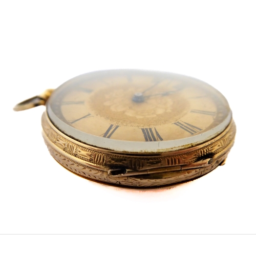 284 - A Swiss gold-cased key-wind open-faced pocket watch: the circular dial with black Roman numerals and... 