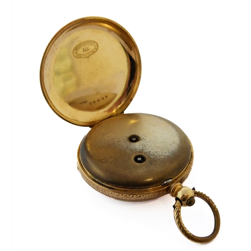 284 - A Swiss gold-cased key-wind open-faced pocket watch: the circular dial with black Roman numerals and... 