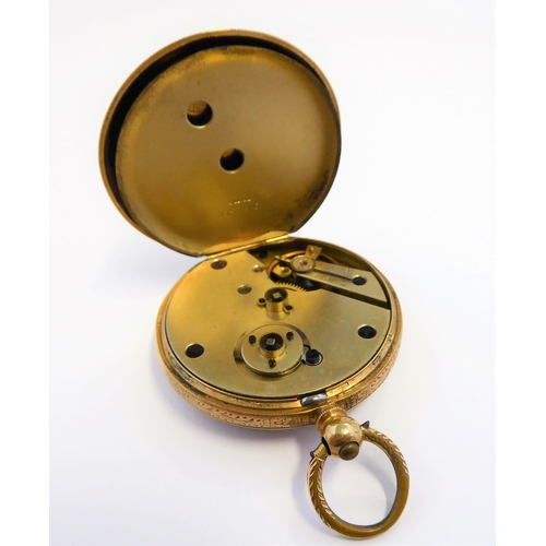 284 - A Swiss gold-cased key-wind open-faced pocket watch: the circular dial with black Roman numerals and... 