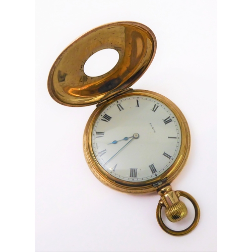 290 - An early 20th century gold-plate-cased half-hunter pocket watch: white enamel dial signed 'Elgin' an... 