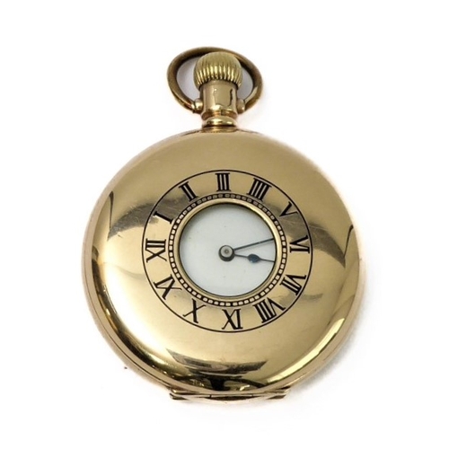 290 - An early 20th century gold-plate-cased half-hunter pocket watch: white enamel dial signed 'Elgin' an... 