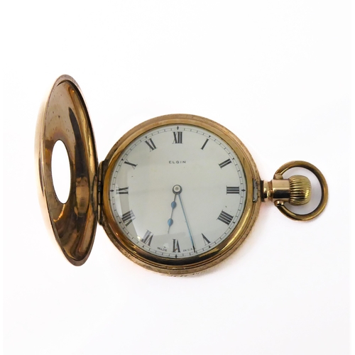 290 - An early 20th century gold-plate-cased half-hunter pocket watch: white enamel dial signed 'Elgin' an... 