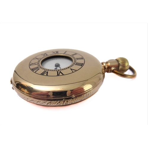 290 - An early 20th century gold-plate-cased half-hunter pocket watch: white enamel dial signed 'Elgin' an... 