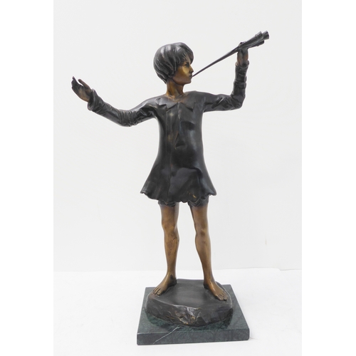 116 - A modern bronze sculpture of Peter Pan (after the original in Trafalgar Square) on a square green-ma... 