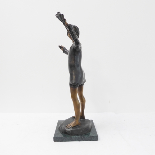 116 - A modern bronze sculpture of Peter Pan (after the original in Trafalgar Square) on a square green-ma... 