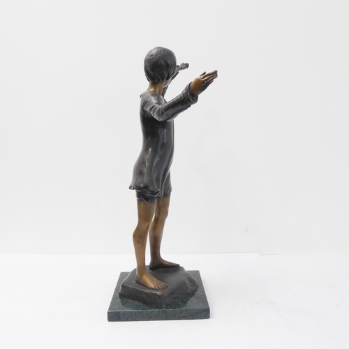 116 - A modern bronze sculpture of Peter Pan (after the original in Trafalgar Square) on a square green-ma... 