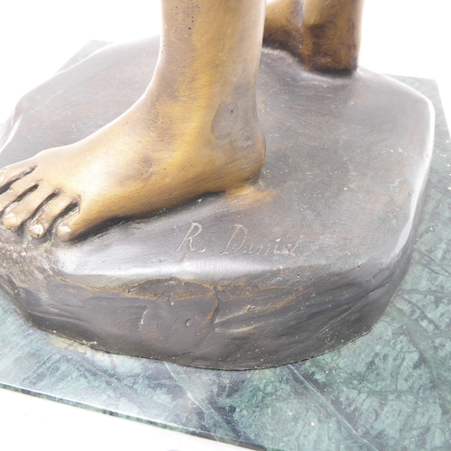 116 - A modern bronze sculpture of Peter Pan (after the original in Trafalgar Square) on a square green-ma... 