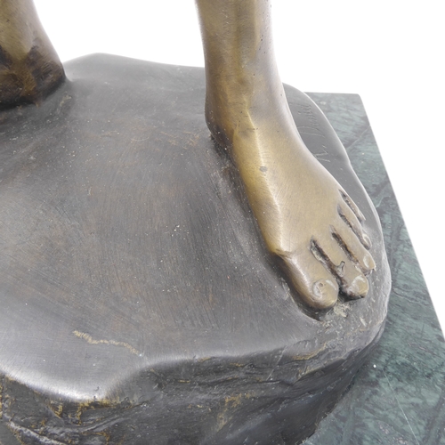 116 - A modern bronze sculpture of Peter Pan (after the original in Trafalgar Square) on a square green-ma... 