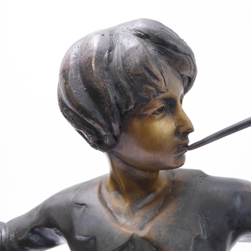 116 - A modern bronze sculpture of Peter Pan (after the original in Trafalgar Square) on a square green-ma... 
