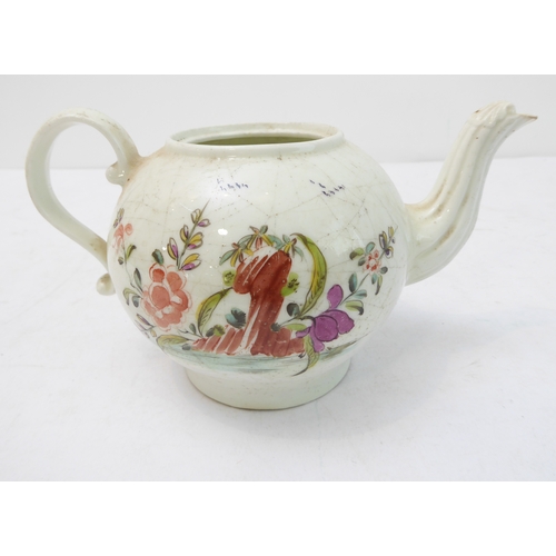 15 - A late 18th to early 19th century English bullet-shaped teapot (minus cover) decorated in the Orient... 