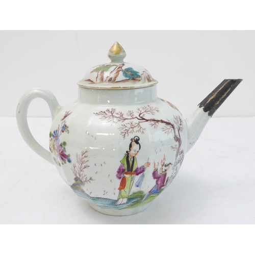 19 - An 18th century teapot (probably Worcester): faceted spherical form, hand-decorated in enamels in th... 