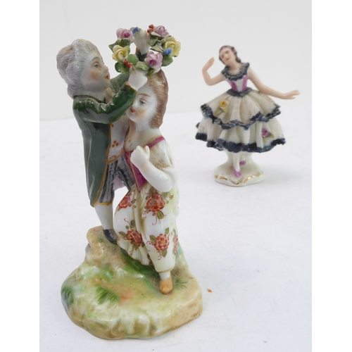 21 - A late 19th to early 20th century continental hand-decorated porcelain model of a lady dancing, toge... 