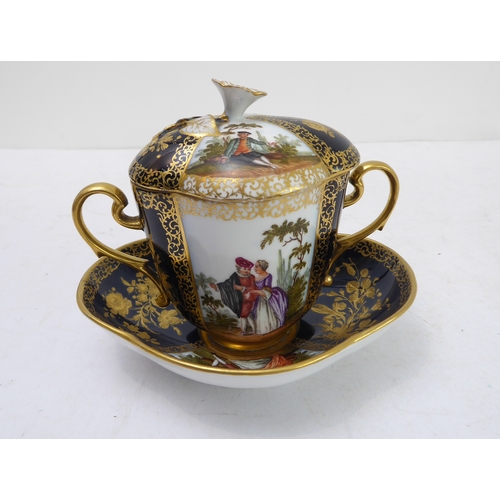 22 - A late 19th century Dresden two-handled chocolate cup and cover with original conforming stand, each... 